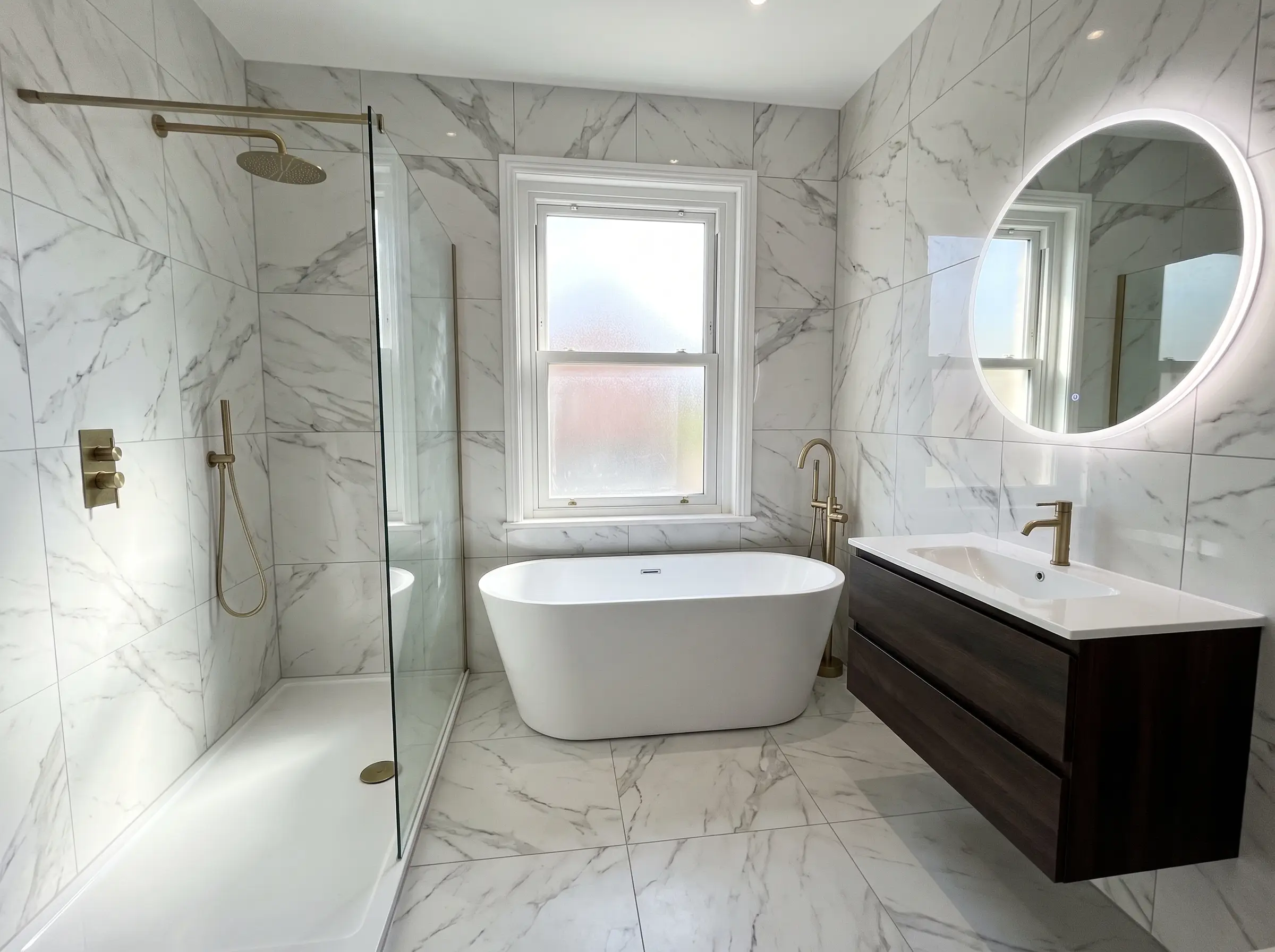 The same bathroom after a full Dimension Abbas Builders renovation