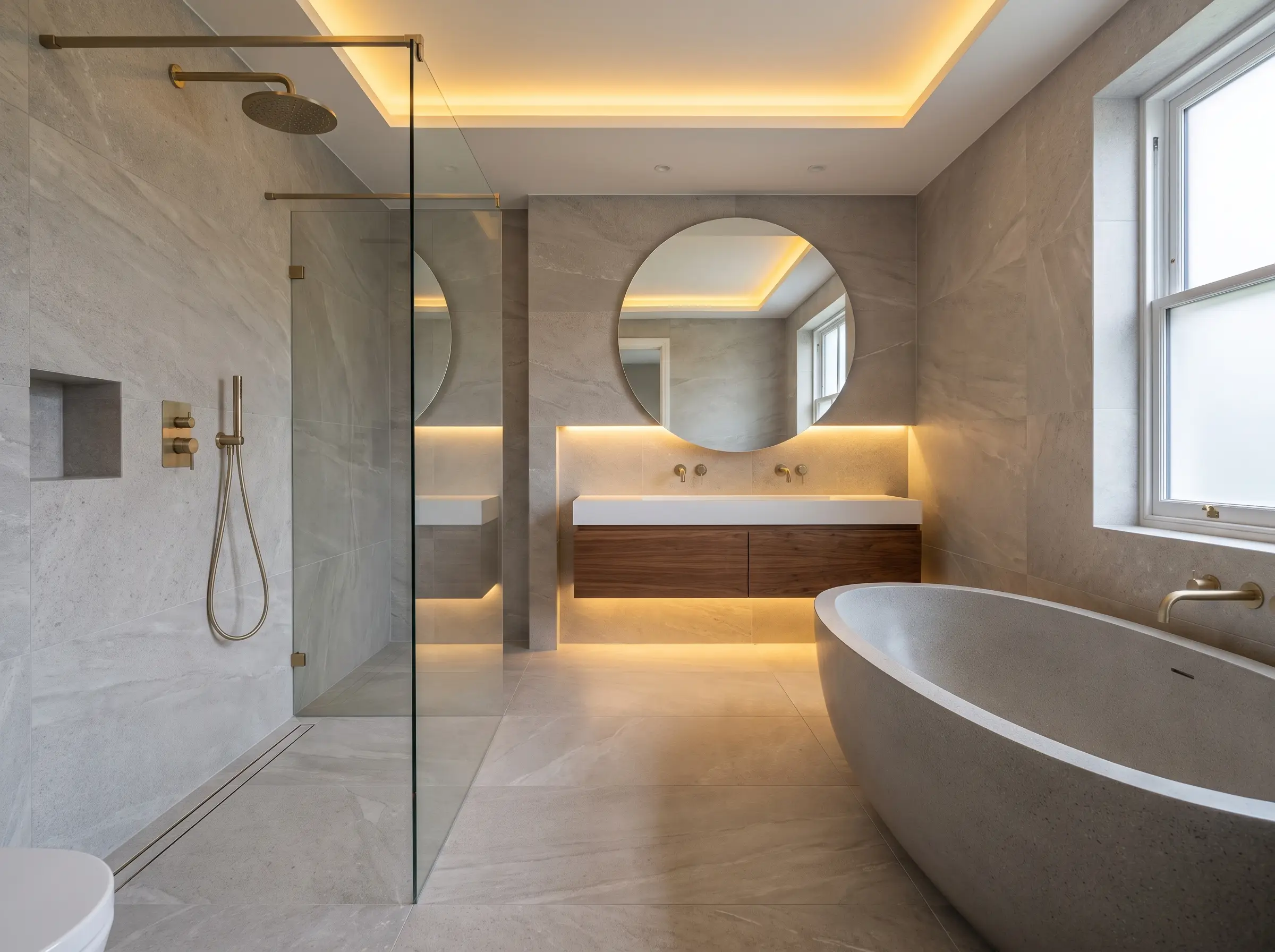 An elegant modern bathroom with stone tiles, walk-in shower and brass fixtures