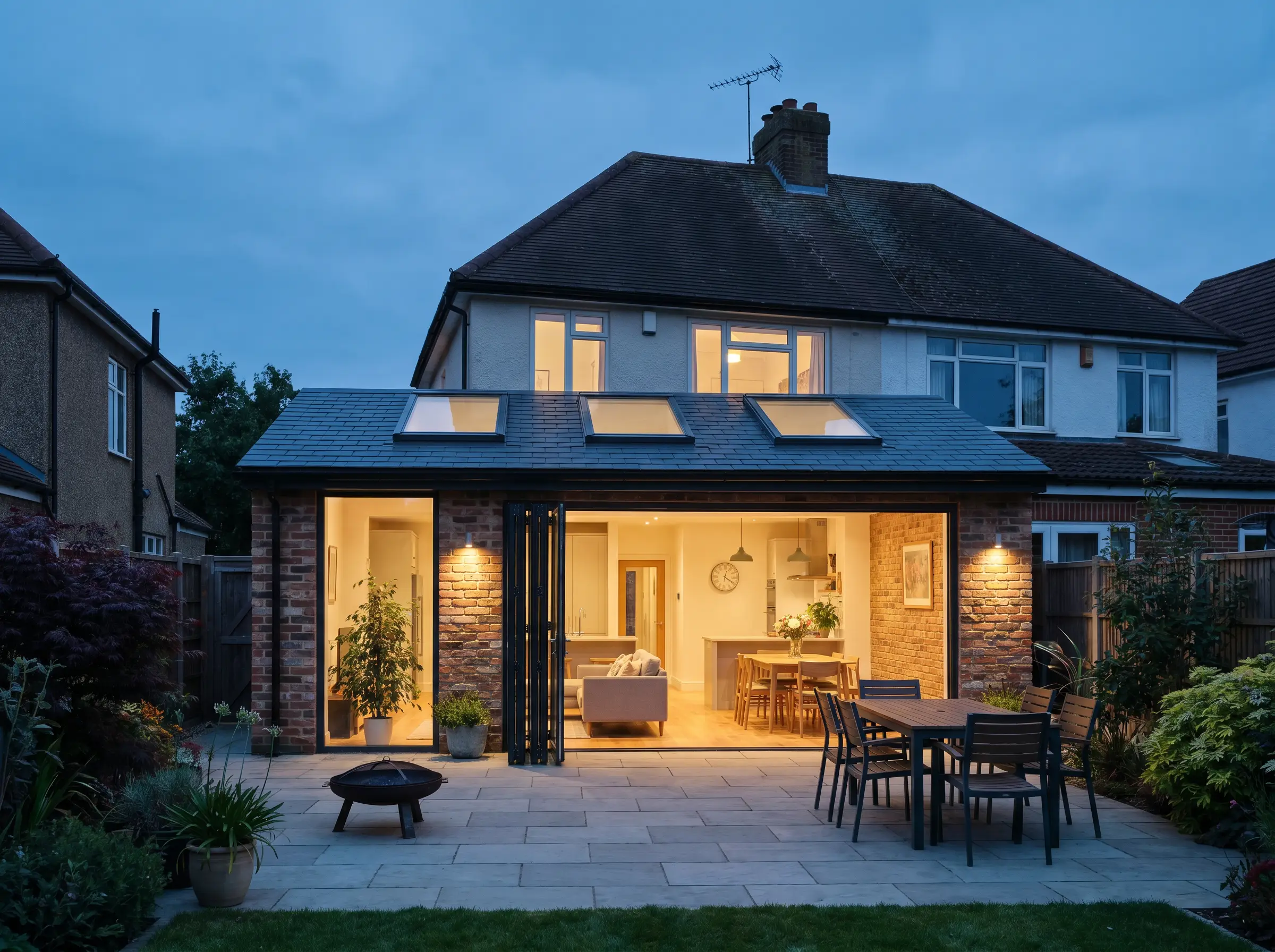 A modern single-storey rear house extension with bi-fold doors, lit up at dusk