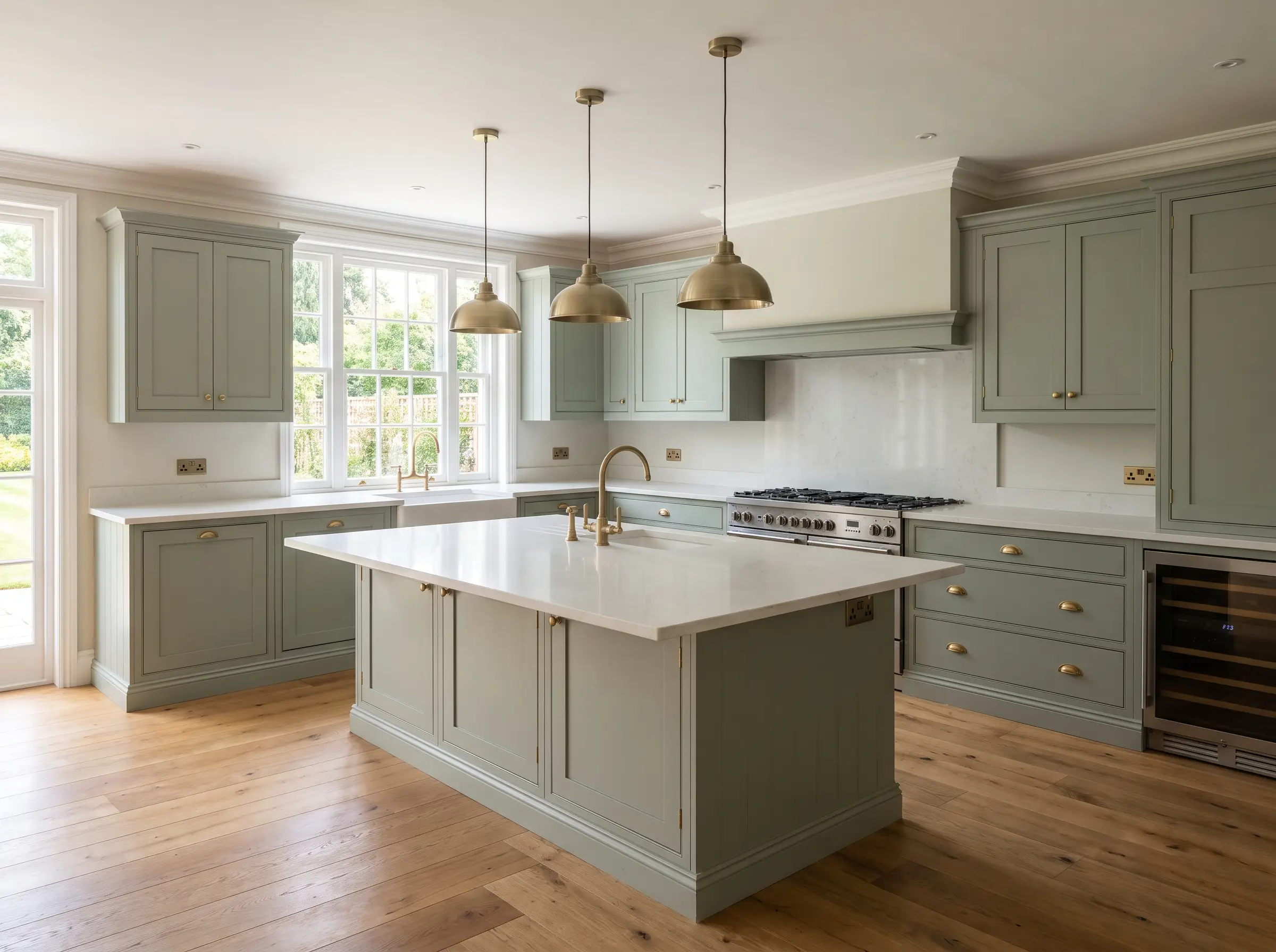 A luxury fitted kitchen with shaker cabinetry, island and brass tapware