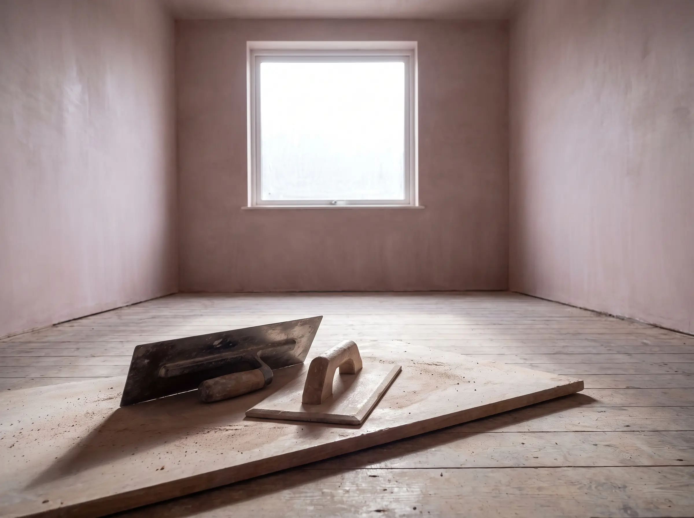 A freshly skim-plastered room with a plasterer's trowel and float