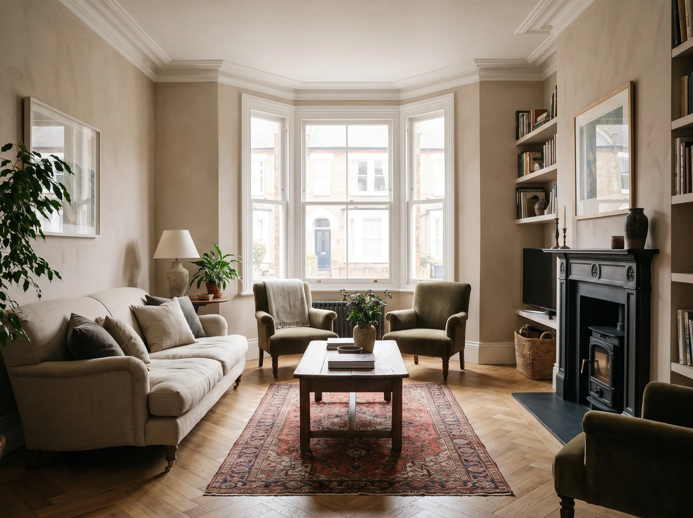 A fully refurbished period living room with restored features and oak flooring